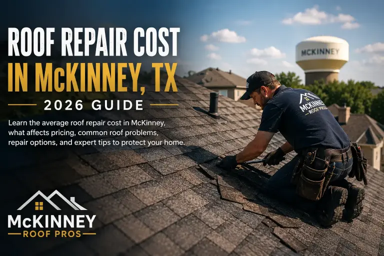 Roof repair cost in McKinney TX with asphalt shingle roof under repair by professional roofing contractors
