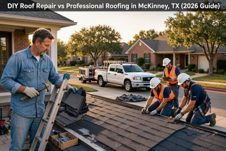 Newly repaired residential roof completed by professional roofing experts in McKinney, Texas.