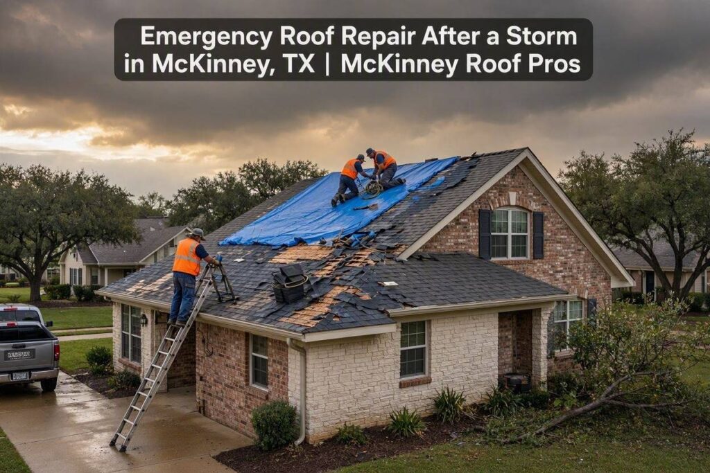 Professional roofing contractor inspecting storm-damaged residential roof in McKinney, Texas.