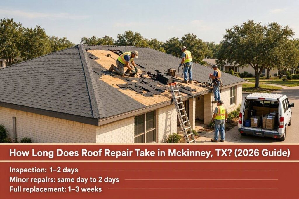 Newly repaired residential roof completed by professional roofing contractors in McKinney, Texas.