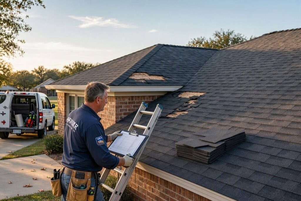 Roofer replacing damaged asphalt shingles during a residential roof repair in McKinney, TX.