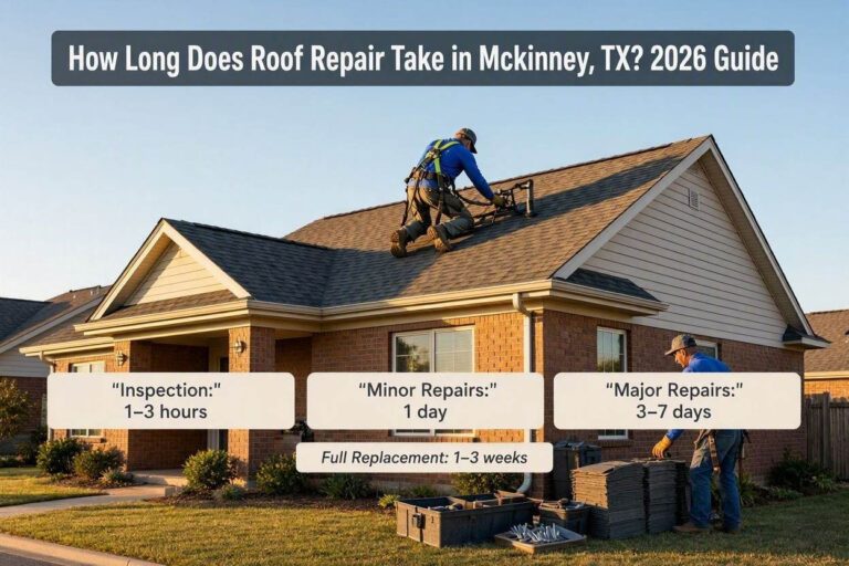 Professional roofing contractor repairing a residential roof in McKinney, TX after storm damage.
