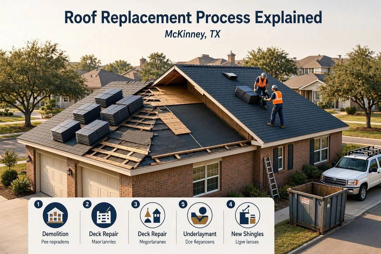 Featured Image ALT: Roof replacement process showing professional roofers installing a new roof on a McKinney Texas home