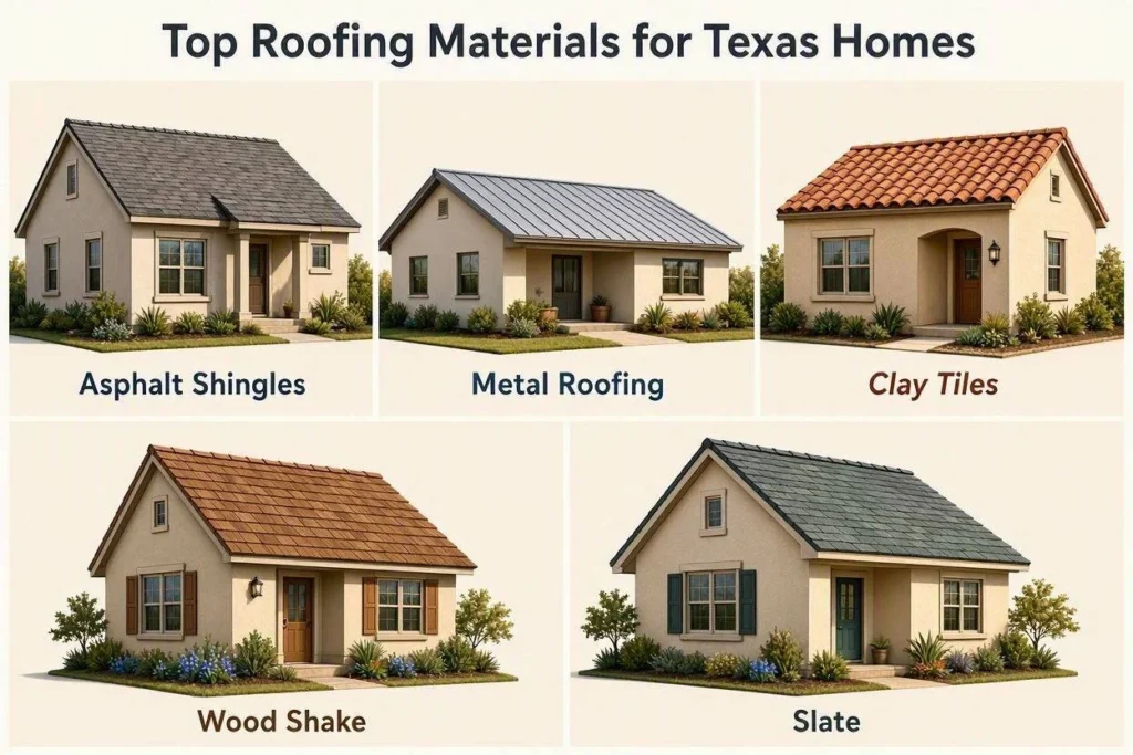 Top roofing materials for Texas homes including asphalt shingles, metal roofing, and clay tiles