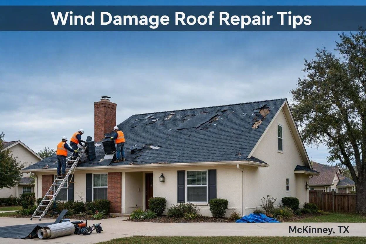 Wind damage roof repair on a residential home in McKinney Texas